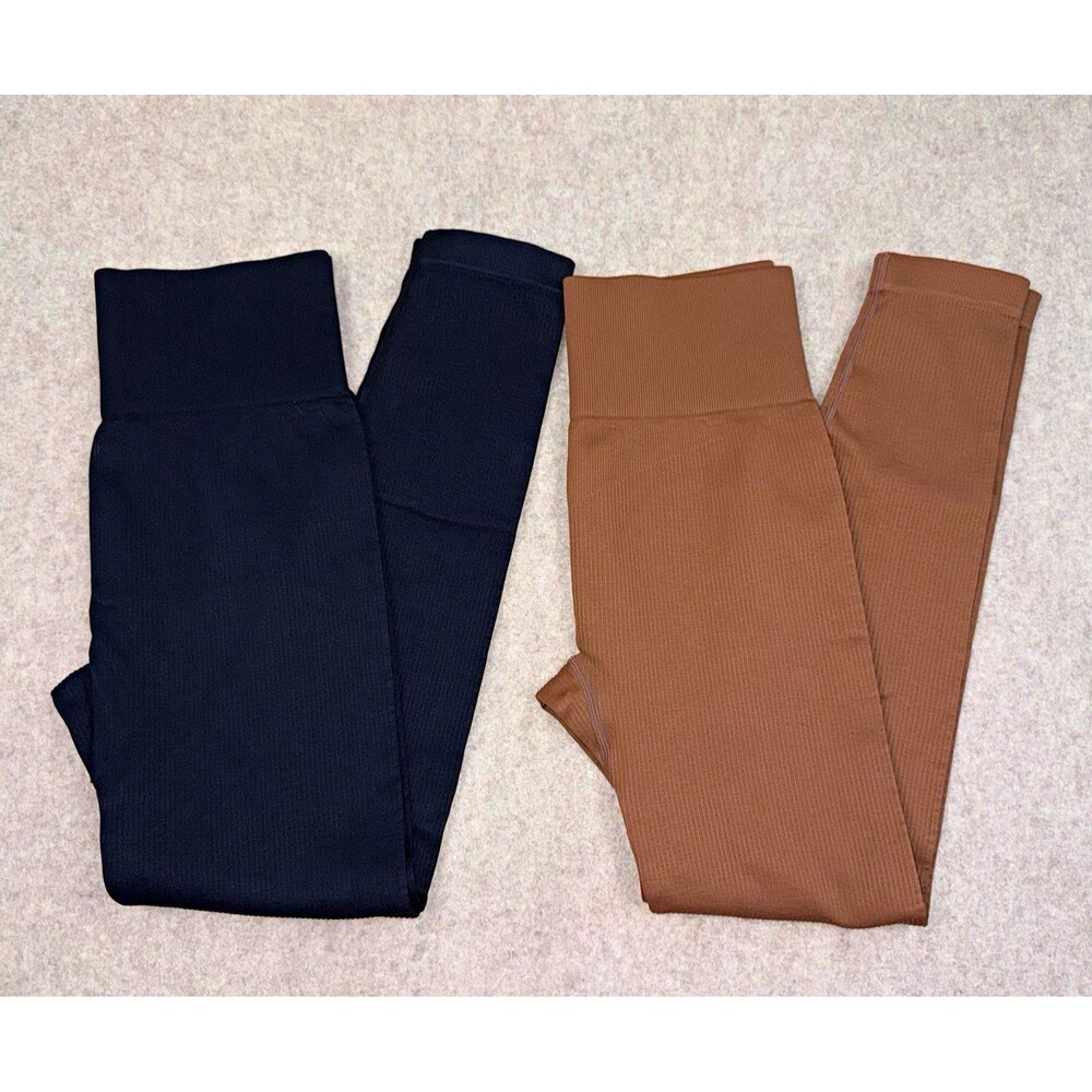 OQQ Set of 2 Women's Leggings Ribbed Thick Brown Black Size Medium
